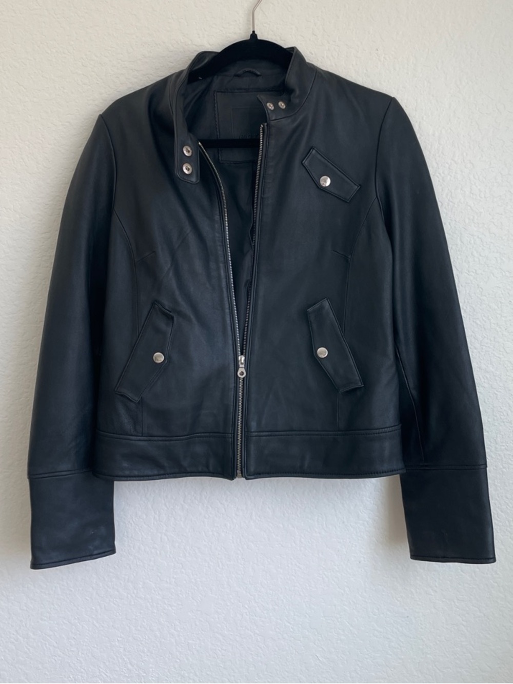 Ecru women's black lambskin leather zip jacket with a stand-up collar • Medium